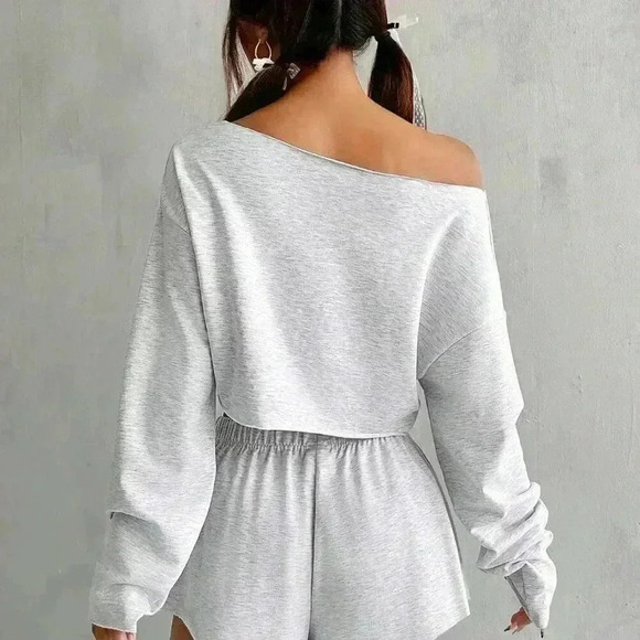 Grey Casual Women's Summer Solid Color Crop Top And Shorts Set - Picture 3 of 6